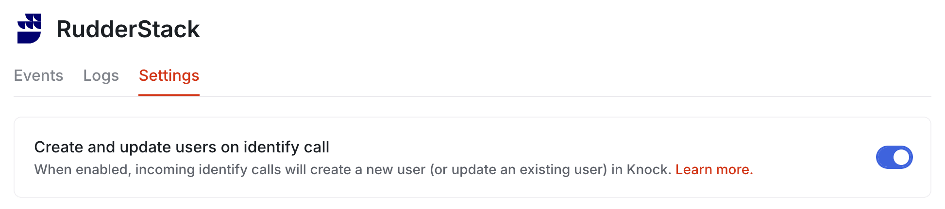 A screenshot of how to toggle Knock handling RudderStack identify calls